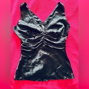 Bisou Bisou Black Satin Ruched V-Neck Top